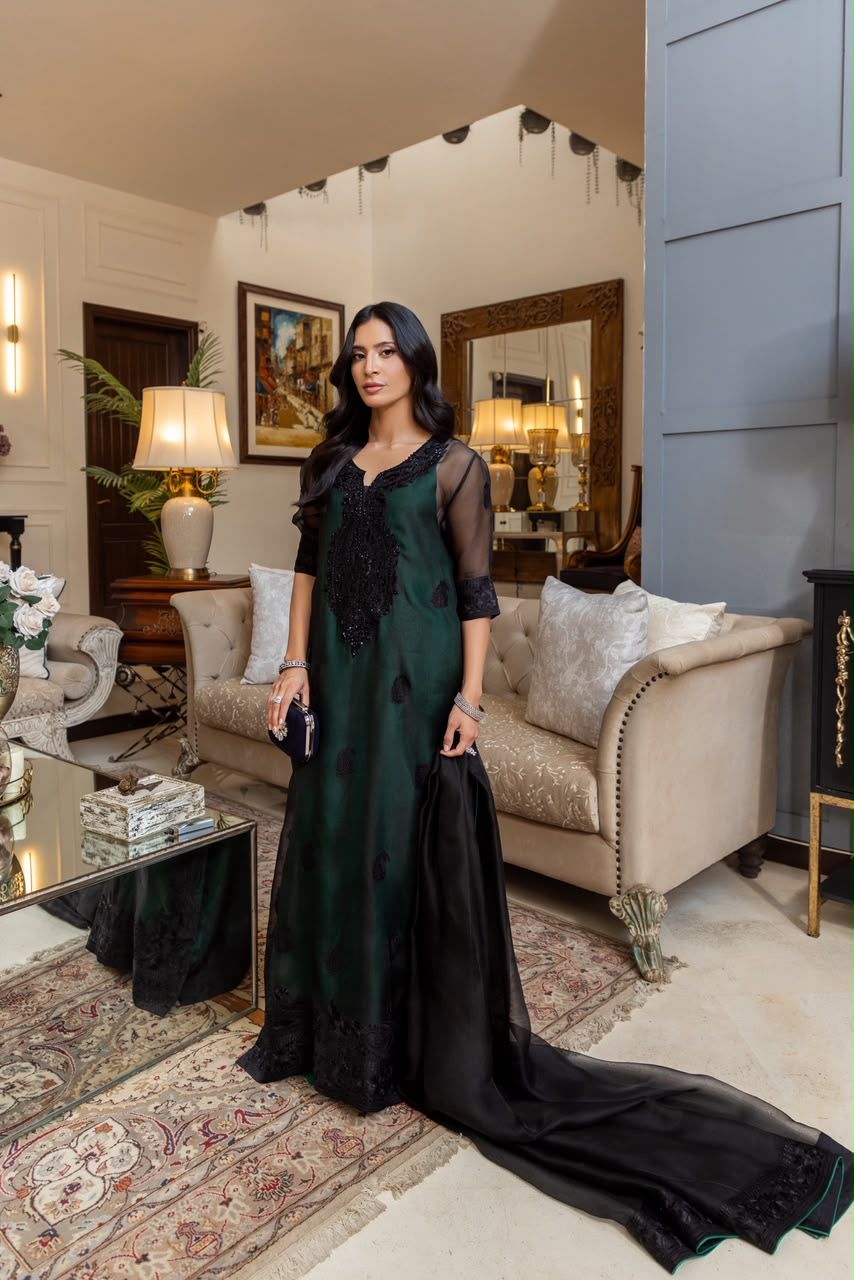 Emeraude, emerald shirt under a black organza dupatta