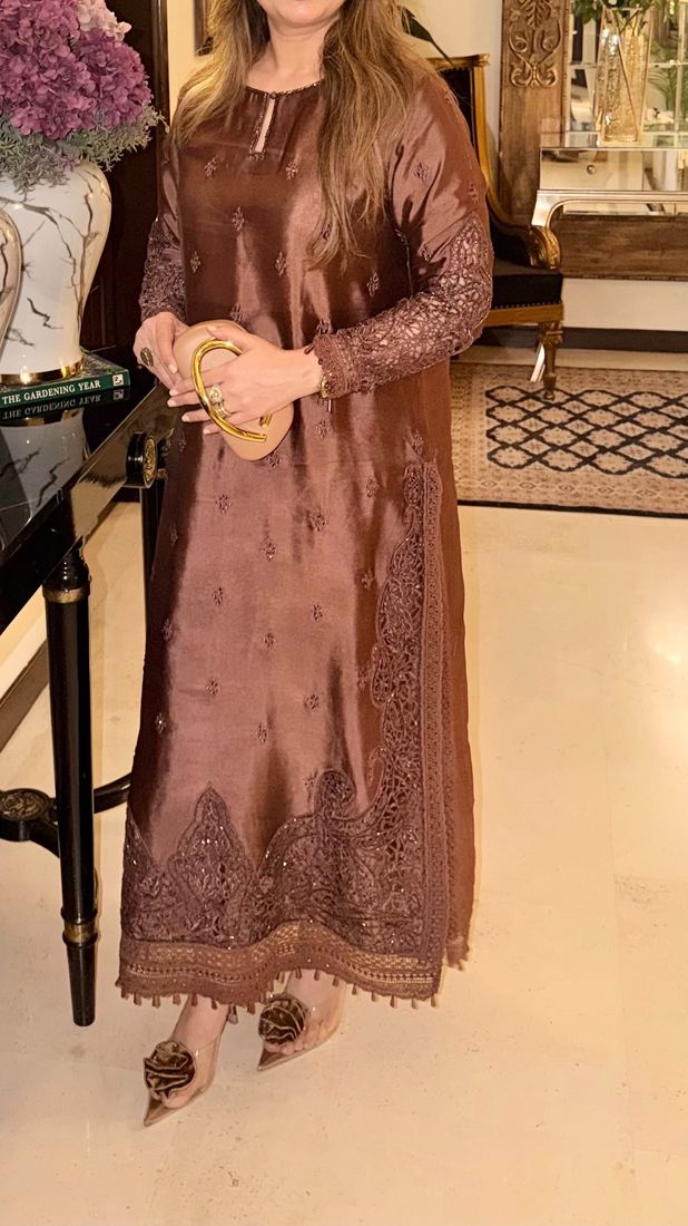 Brown silk kurta with cutwork embroidery