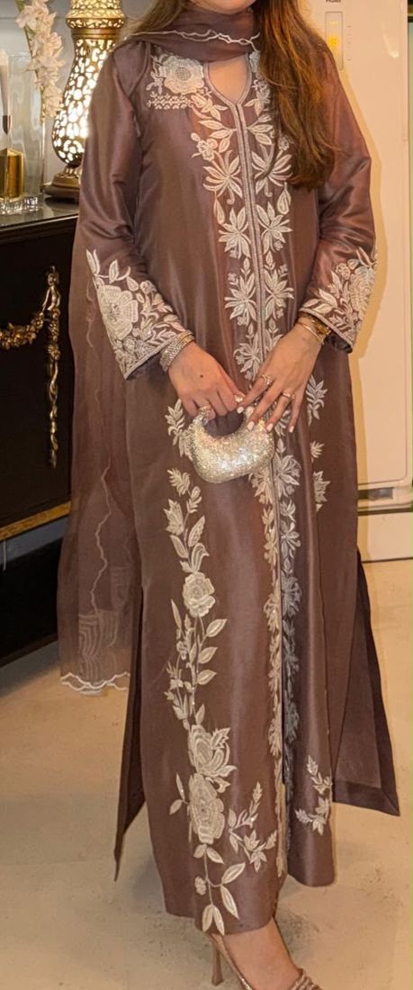 Mauve silk outfit with ivory floral embroidery