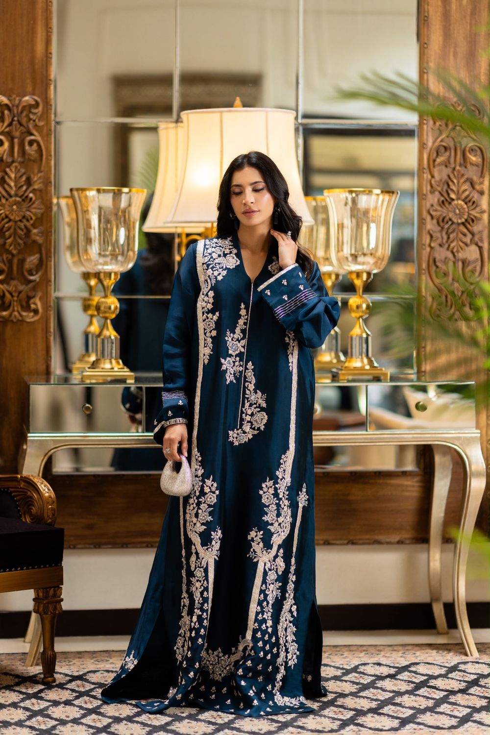 Royalty, deep blue kaftan with ivory embroidery